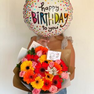 Ramo de gerberas y rosas con globo